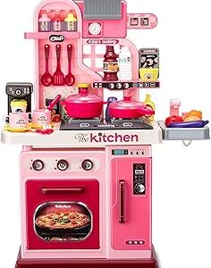 Kids Kitchen Playset-53pcs Cooking Stove,Paly Sink,Oven,Kitchen Toys with Realistic Lights&Sounds，Pretend Play Toys,Kitchen Toys for Toddlers 1 2 3 (Pink)