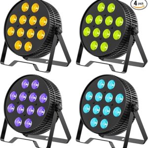Betopper LED Stage Lights, 12X18W DJ Par Light, RGB+Lime+Amber+UV 6-in-1 Wash/Strobe Effect Stage Lighting, DMX512/Sound Activated Uplighting Lights for DJ, Parties, Concerts, Bars, 4-Pack