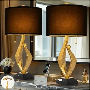 Scenekoy Sculptural Resin Table Lamp Set of 2 with USB Ports for Bedroom Living Room, 31” Big Gold Leaf Marble Base Bedside Lamps, Pull Chains Switch Modern Nightstand Lamp for Home Room Decor