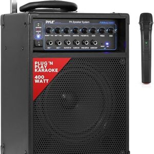 Pyle Wireless Portable PA System-400W Bluetooth Compatible Rechargeable Battery Powered Outdoor Sound Stereo Speaker Microphone Set w/Handle, Wheels-1/4 to AUX, RCA Cable (PWMA230BT)