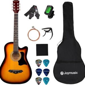 Joymusic 38 inch sunburst beginner acoustic guitar kit,bundle with a strap with picks holder,digital tuner, set strings, capo,cleaning cloth,6 picks,gig bag.(JG-38C,3TS)